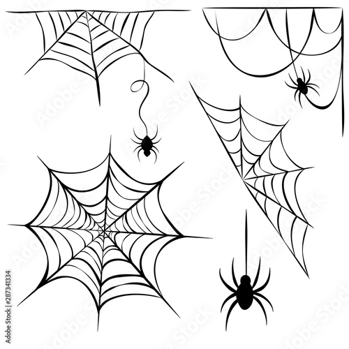 Vector set of black cobweb and hanging spiders isolated on white background. line art of spider webs and spiders for halloween. cobweb silhouette. Spooky halloween decoration element. Scary spider web