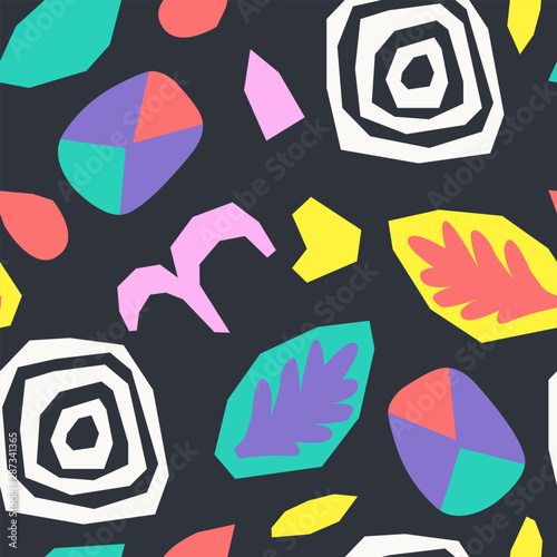 Abstract torn paper and geometric shapes collage.