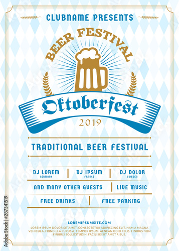 Oktoberfest beer festival celebration. Typography poster or flyer template for beer party. Vintage beer label on the traditional Bavarian linen flag background
