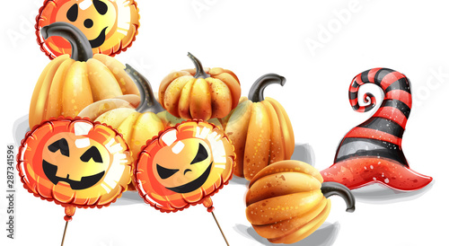Halloween pumpkins vector watercolor. Balloons and hat decors