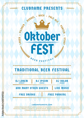 Oktoberfest beer festival celebration. Typography poster or flyer template for beer party. Vintage beer label on the traditional Bavarian linen flag background
