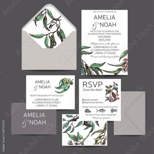 Banner with flowers end leafs. Wedding invitation succulent and eucalyptus.