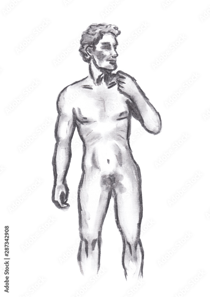 Sketch of a man's naked body to the line of the knees in the style of ancient greek sculpture. Hand drawn Illustration of black coal on white paper. Can be used for collage, zine, fashion illustration Sketch of a man's naked body to the line of the knees in the style of ancient greek sculpture. Hand drawn Illustration of black coal on white paper. Can be used for collage, zine, fashion illustration