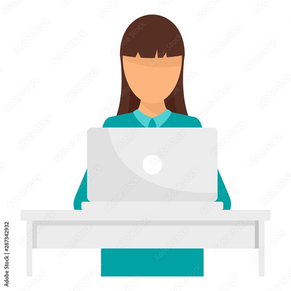 Woman at laptop icon. Flat illustration of woman at laptop vector icon for web design Woman at laptop icon. Flat illustration of woman at laptop vector icon for web design