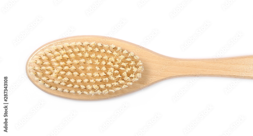 Bath, scrubbing, washing brush with wooden handle isolated on white background, top view Bath, scrubbing, washing brush with wooden handle isolated on white background, top view