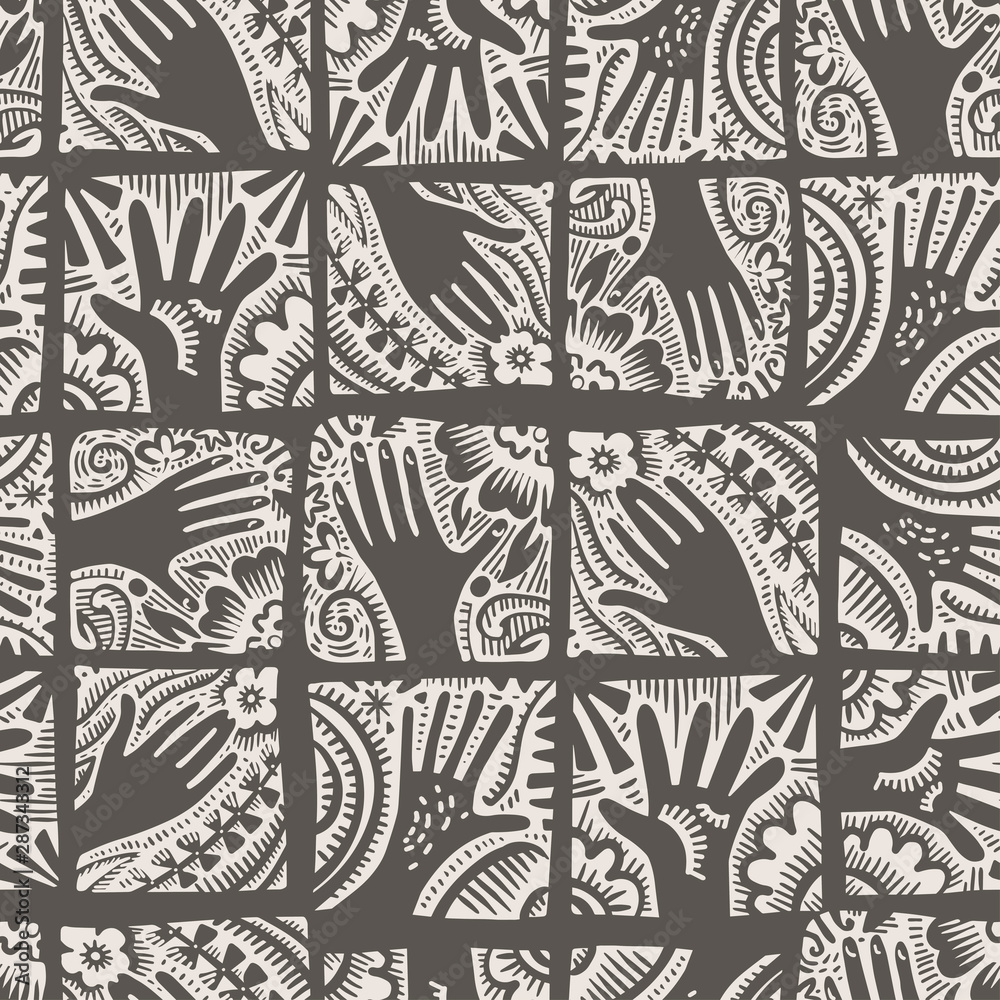 Fototapeta premium Seamless pattern with squares icon element with hands and flowers. Stylized print of a hand print. Can be used for printing on paper, stickers, badges, jewelry, cards, textiles.