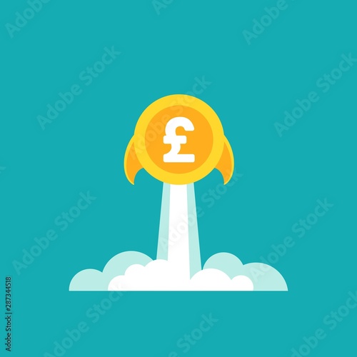 Gold pound sterling coin as rocket flies up. Currency strengthening and increasing of exchange rate.