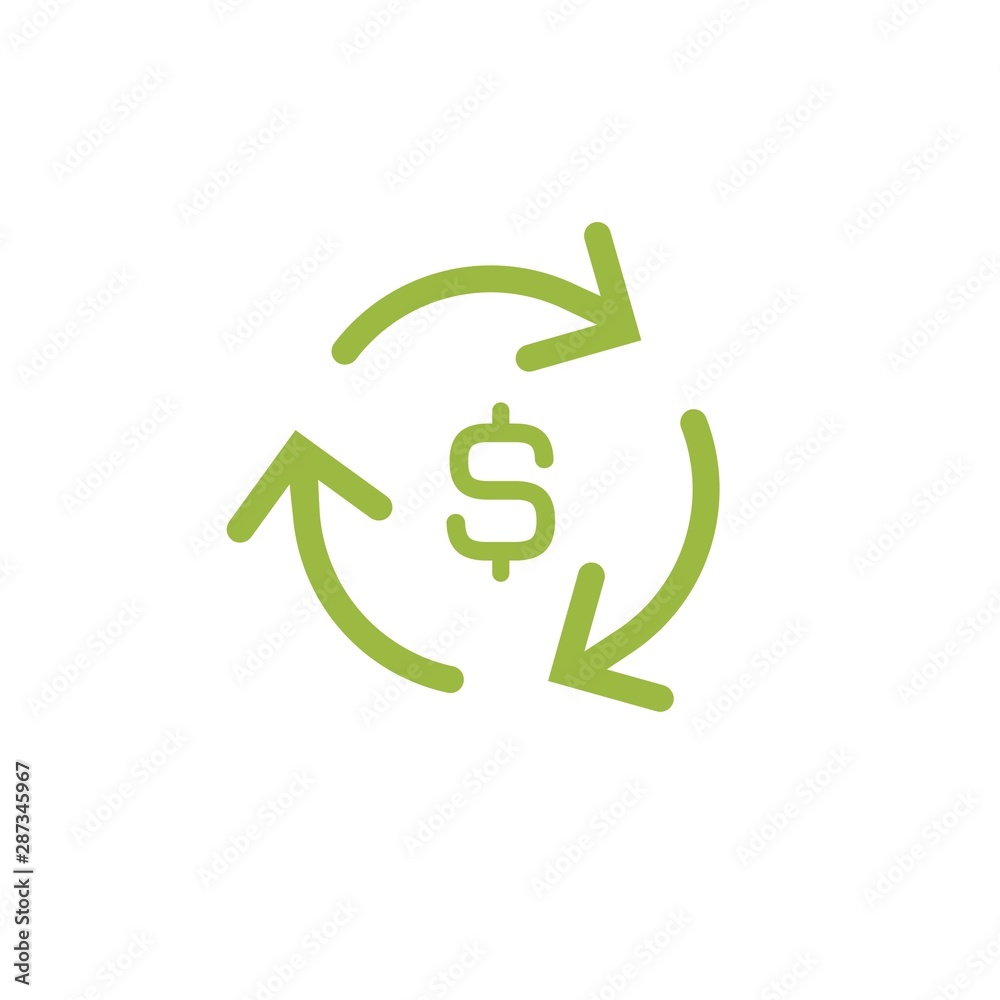 three green round arrows with green dollar. Flat icon. Isolated on white. Currency exchange icon. three green round arrows with green dollar. Flat icon. Isolated on white. Currency exchange icon.