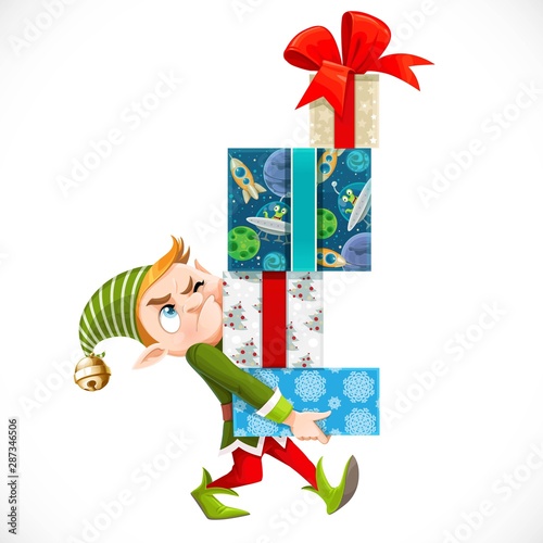 Cute cartoon elf Santa's assistant holding large stack of wrapped gifts isolated on a white background