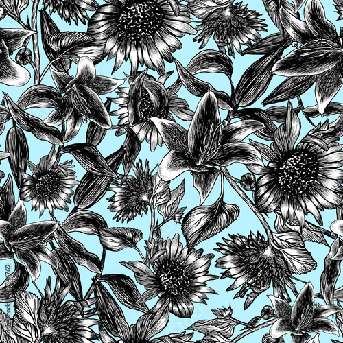 Hand drawn black ink seamless pattern with sunflowers and lilies with contour isolated on lidht blue background. Stems, buds and leaves in a realistic style. photo