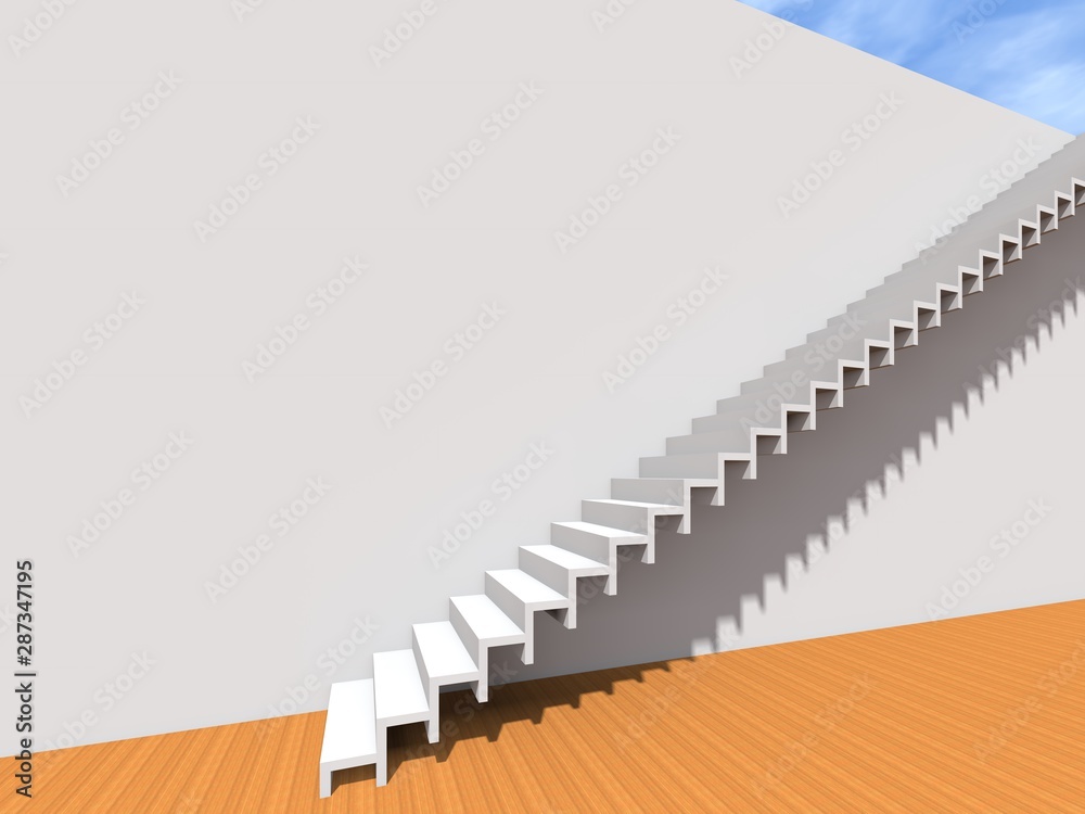 Obraz premium Conceptual stair on wall background building or architecture as metaphor to business success, growth, progress or achievement. 3D illustration of creative steps riseing up to the top as vision design