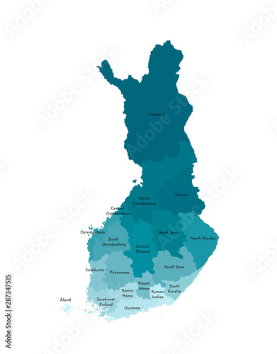 Vector isolated illustration of simplified administrative map of Finland. Borders and names of the regions. Colorful blue khaki silhouettes