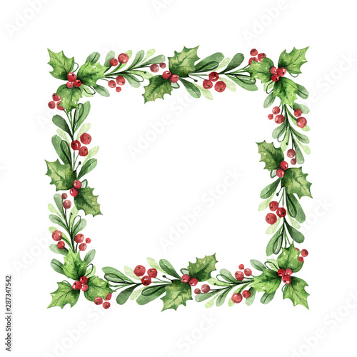Watercolor vector Christmas wreath with green branches and red berries.