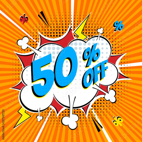 Comic lettering 50 percent off SALE in the speech bubble comic style flat design. Retro vintage pop art illustration isolated on rays background. Exclamation sticker or label store or shop.
