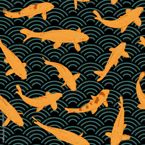 Seamless pattern Koi carp literally brocaded carp. Orange fish. outline sketch doodle. Blue black Orange Nature oriental background with japanese wave. for Gift wrap fabrics wallpapers. Vector