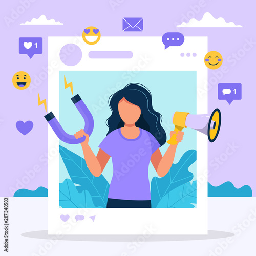 Social media influencer. Illustration with woman holding megaphone and magnet in the social profile frame. Different social media icons. Vector illustration in flat style