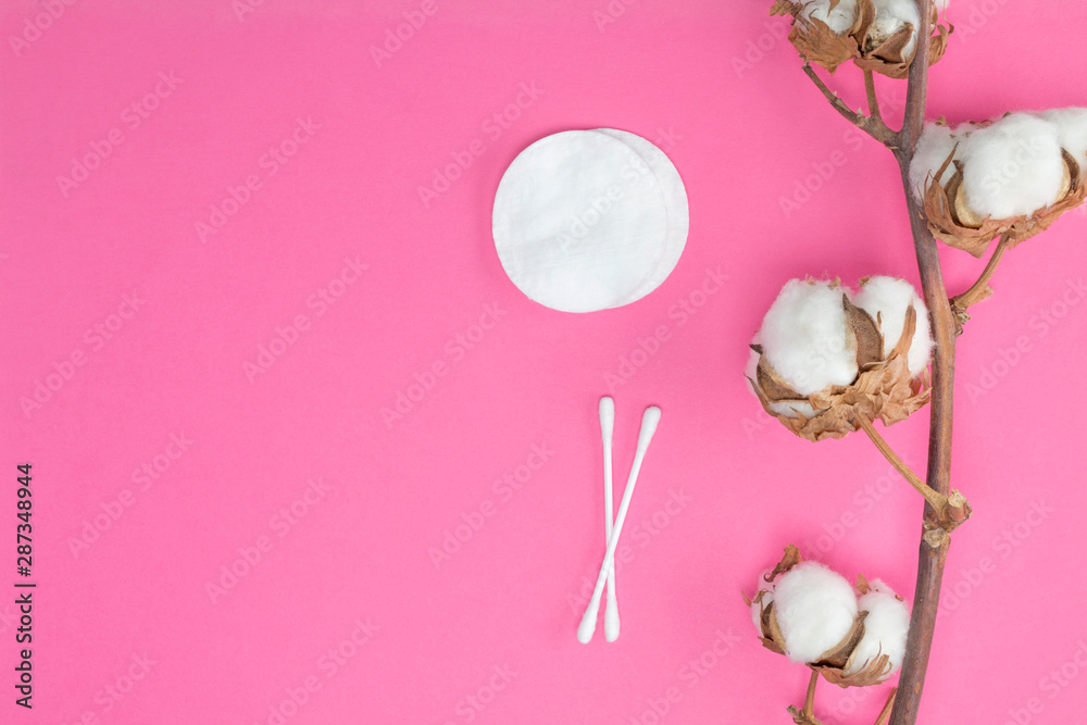 Cotton branch, pads and sticks on bright pink background. Cosmetology, healthcare concept. Flat lay, top view, mock up, copy space, layout design Cotton branch, pads and sticks on bright pink background. Cosmetology, healthcare concept. Flat lay, top view, mock up, copy space, layout design