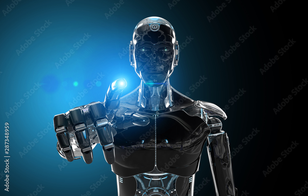 Black and blue intelligent robot cyborg pointing finger on dark 3D  rendering Stock Illustration | Adobe Stock