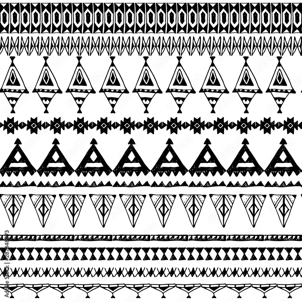 seamless pattern with native zigzag ornaments. Hand drawn ethnic aztec  border. Black contour on white background. Can be used for Gift wrap,  fabrics, wallpapers. Vector Stock Vector