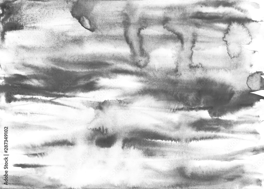 Hand drawn watercolor illustration with transparency and liquid transitions, splashes, drops, waves on white. Grey watercolor paint on a horizontal sheet of paper. Can be used for illustration, zine