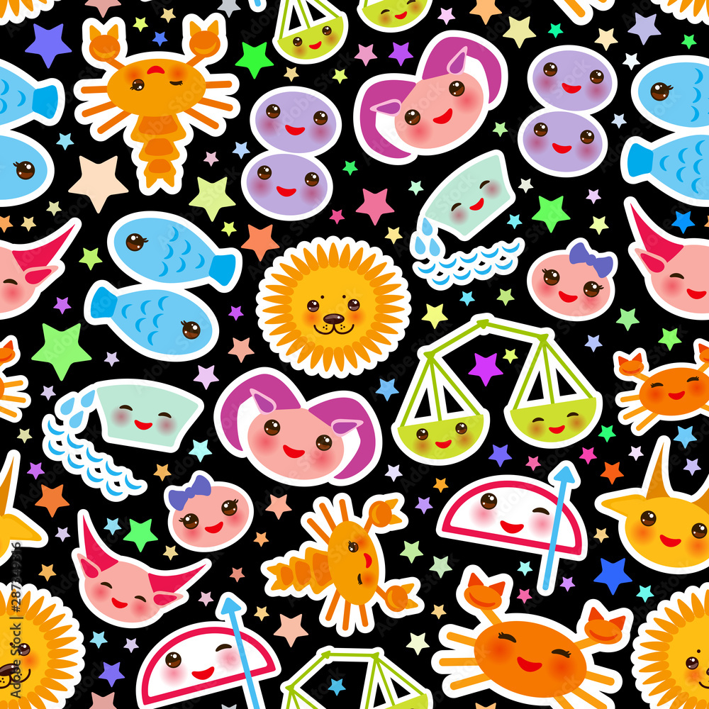 Aries, Taurus, Gemini, Cancer, Leo, Virgo, Libra, Scorpio, Sagittarius, Capricorn, Aquarius and Pisces Seamless pattern Funny Kawaii zodiac sign, astrological stikers, black background. Vector Aries, Taurus, Gemini, Cancer, Leo, Virgo, Libra, Scorpio, Sagittarius, Capricorn, Aquarius and Pisces Seamless pattern Funny Kawaii zodiac sign, astrological stikers, black background. Vector