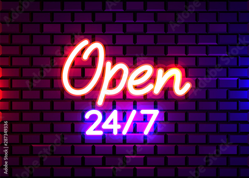 24 7 Neon Sinboard Vector. Open all day neon sign, design template, modern trend design, night signboard, night bright advertising, light banner.