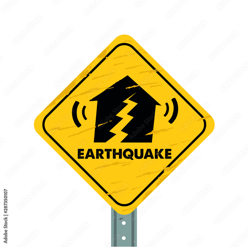 Earthquake sign vector icon | Yellow warning disaster sign isolated - Vector Earthquake sign vector icon | Yellow warning disaster sign isolated - Vector