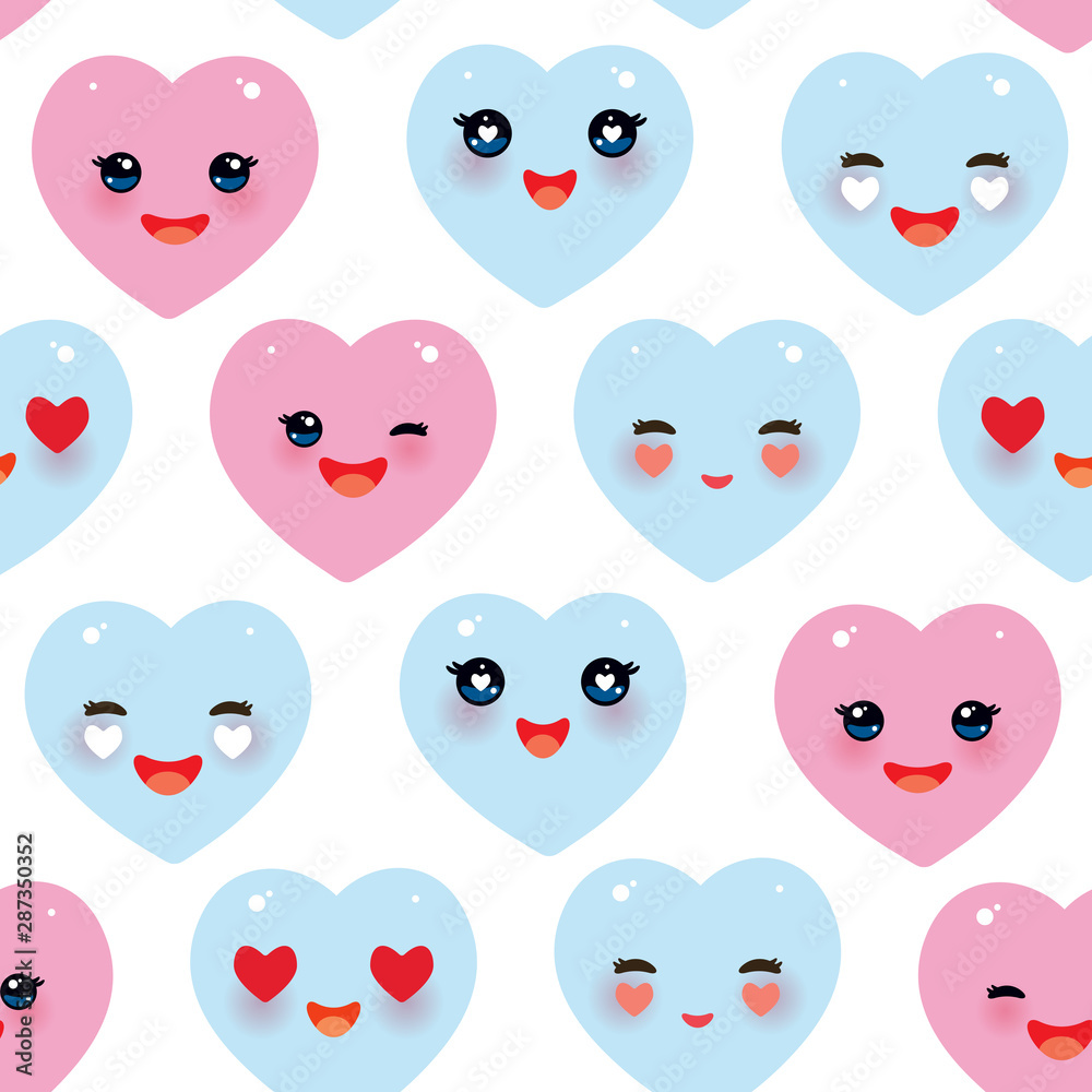 Fototapeta premium Seamless pattern Funny Kawaii heart pink, blue isolated on white background. Valentine's Day Card banner template. Can be used for Gift wrap, fabrics, wallpapers. Vector