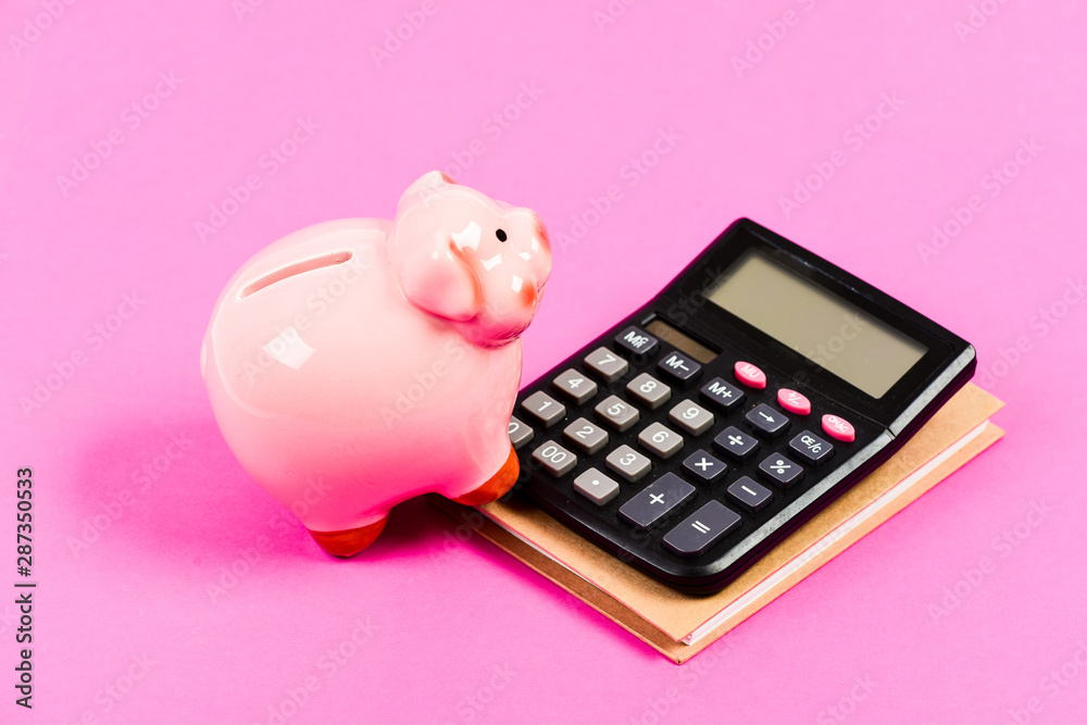 saving money. First salary. piggy bank with calculator. Moneybox. business start up. bookkeeping. financial report. family budget management. education and math saving money. First salary. piggy bank with calculator. Moneybox. business start up. bookkeeping. financial report. family budget management. education and math