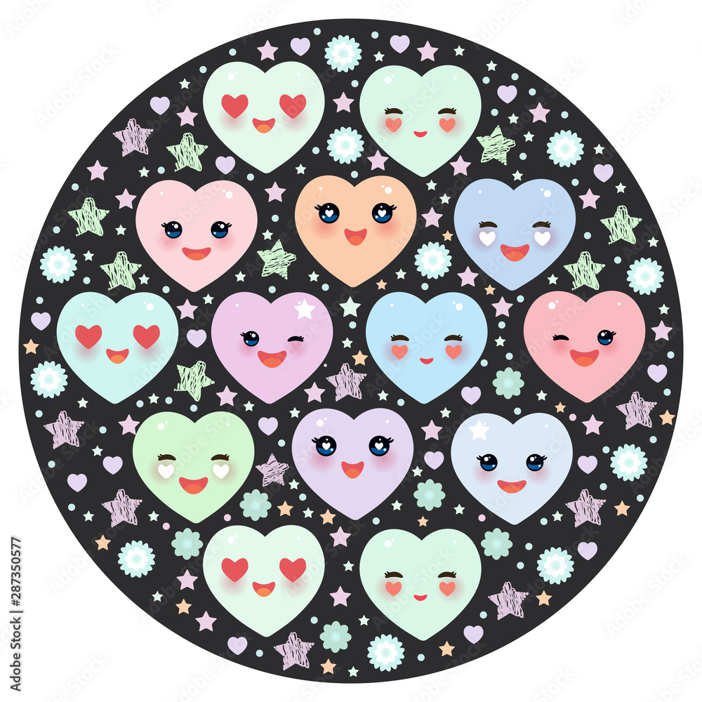 Card design with Funny Kawaii heart pink, lilac, orange, blue green, on black background. Valentine's Day Card banner template. Vector Card design with Funny Kawaii heart pink, lilac, orange, blue green, on black background. Valentine's Day Card banner template. Vector