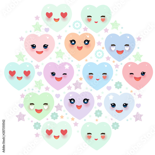 Fototapeta Naklejka Na Ścianę i Meble -  Card design with Funny Kawaii heart pink, yellow, lilac, orange, blue green, isolated on white background. Valentine's Day Card banner template. Vector