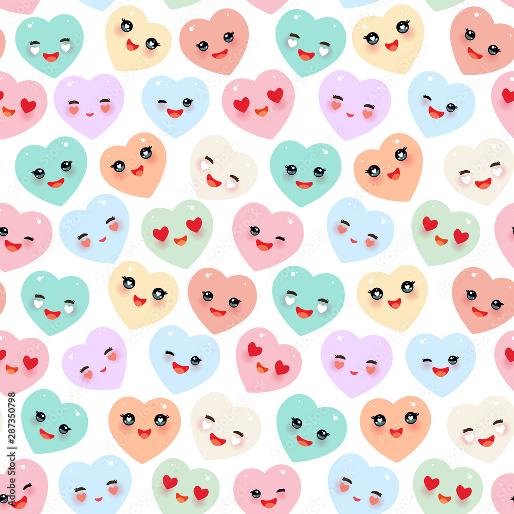 Seamless pattern Funny Kawaii heart pink, yellow, lilac, orange, blue green, isolated on white background. Valentine's Day Card banner template. Can be used for Gift wrap, fabrics, wallpapers. Vector