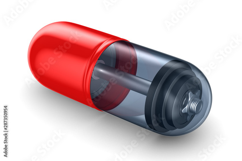 dumbbell into pill on white...