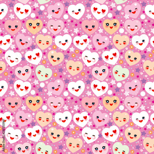 Seamless pattern Funny Kawaii heart pink, yellow, lilac, orange, green, on pink fuchsia background. Valentine's Day Card banner template. Vector