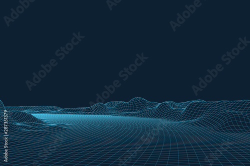 Abstract digital landscape with particles dots and stars on horizon. Wireframe landscape background. Big Data. 3d futuristic vector illustration. 80s Retro Sci-Fi Background