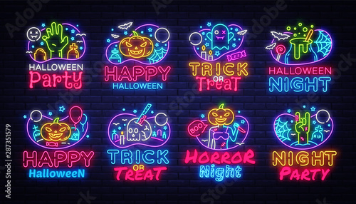 Big collectin neon signs for Halloween. Halloween Party Neon Banner Vector. Horro Night design template for greeting cards and posters, modern trend design, night light signboard. Vector