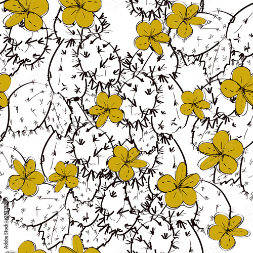 Seamless pattern cactus with flowers sketch, gold mustard yellow, black contour on white background. simple ornament, Can be used for Gift wrap, fabrics, wallpapers. Vector