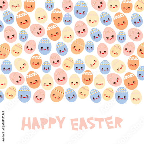 Happy Easter greeting card banner template design. Kawaii colorful blue orange pink yellow cute funny egg with pink cheeks and winking eyes, pastel colors on white background. Vector
