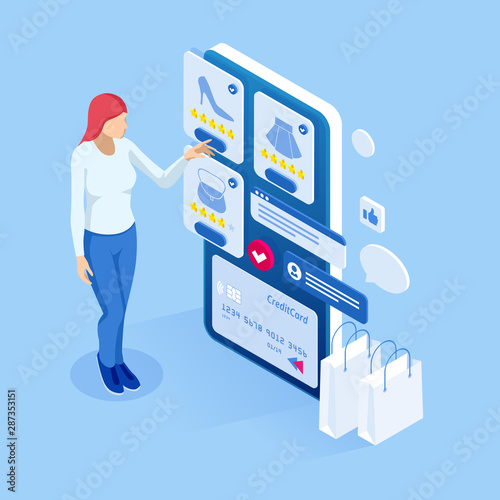 Online shopping, Sale, Consumerism and Online store. Isometric Smart smartphone online shopping template. Mobile marketing and e-commerce.