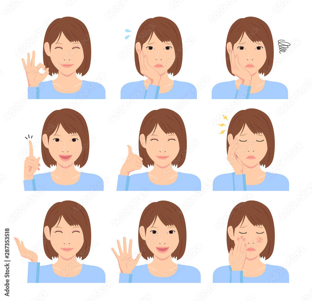 Young woman vector illustration set / hand gesture and emotional face variation. Young woman vector illustration set / hand gesture and emotional face variation.