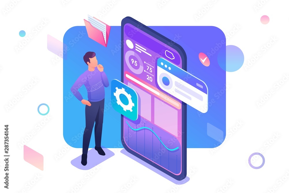 Young man is developing a Mobile application for data collection. Concept of modern technologies. 3d isometric Concept for web design