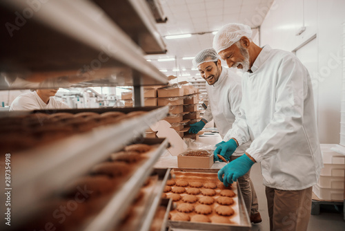 Tapeta Two hardworking dedicated Caucasian employees dressed in white sterile uniforms collecting and packing cookies in boxes