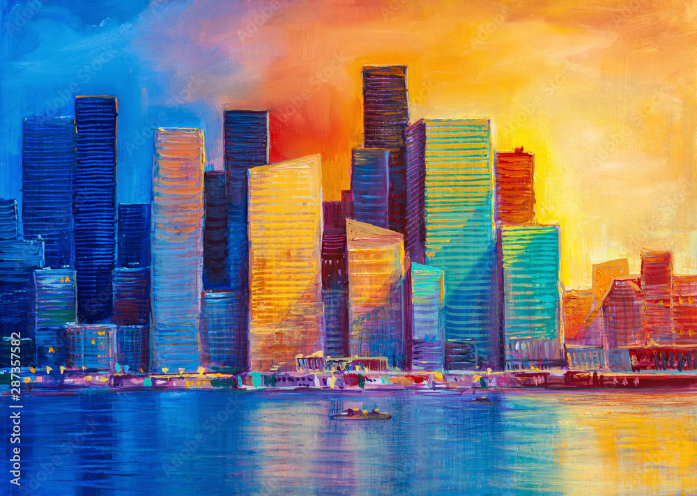 Fototapeta Artistic painting of skyscrapers.Abstract style.Cityscape panorama.