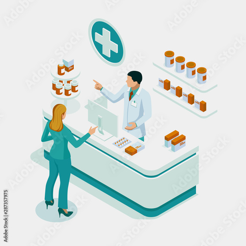 Isometric Pharmacy Store and Doctor pharmacist and patient. Woman pharmacist holding prescription checking medicine in the pharmacy. Health Care concept.