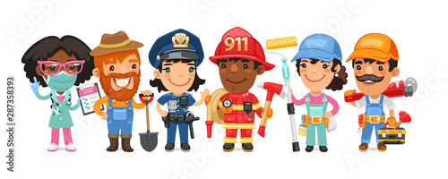 A group of people with different professions stand on a white background. Flat style characters.