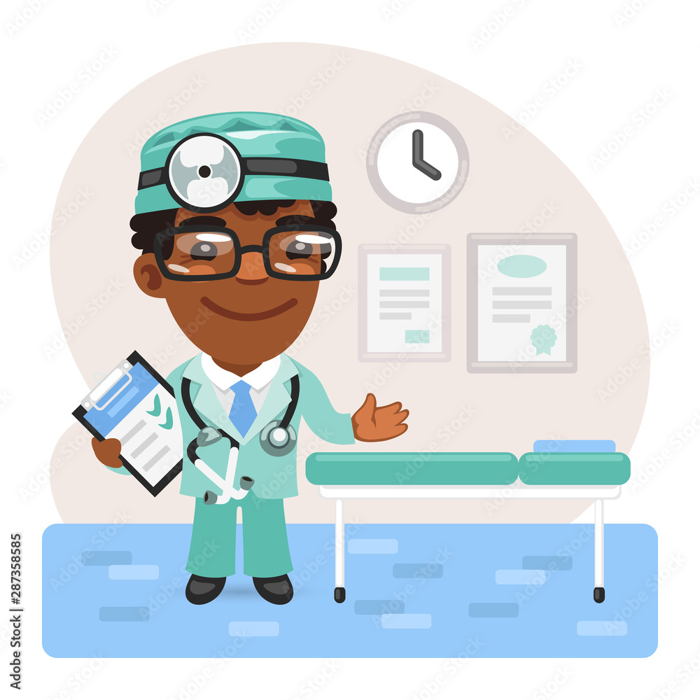 Cartoon smiling doctor in a clinic near the medical examination couch. Composition with a professional. Flat male character.