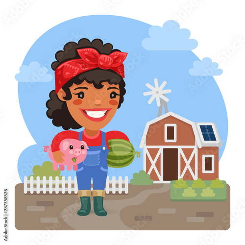 Cartoon happy farmer with a piggy next to the barn. Composition with a professional woman. Flat female character.