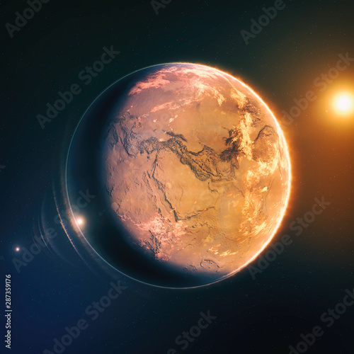 3D realistic render of dried and dead planet Earth totally deserted without oceans and only few pieces of clouds left focused on Arabia. Climate change concept.