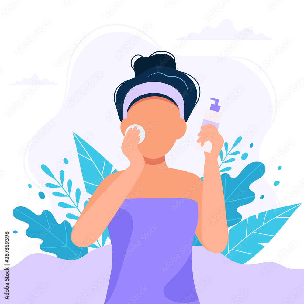 Skin care routine. Woman cleansing the her face with cosmetic product, beauty routine. Cute vector illustration in flat style.