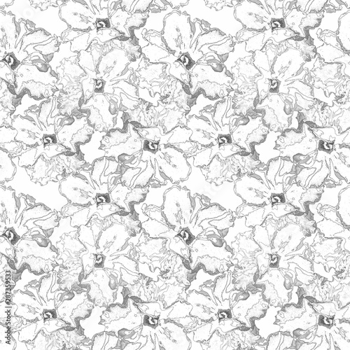 Seamless monochrome floral retro pattern. White and grey.
